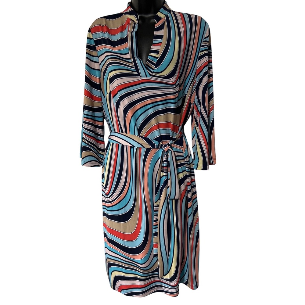 Sandra Darren Women Large Blue Pink Swirl Geometric 3/4โ Sleeve Belted Dress L